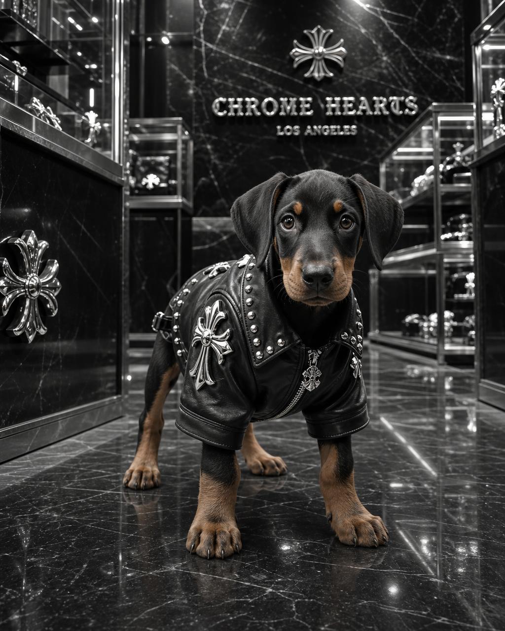 Doberman puppy in a studded cross leather jacket inside a black marble boutique