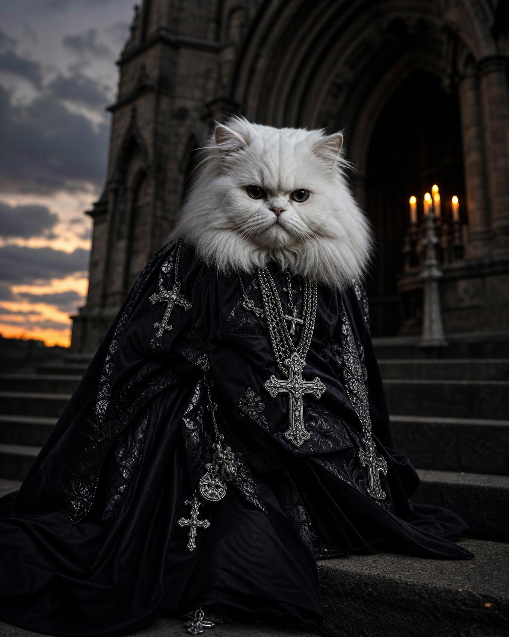 White persian cat in a silver-cross robe on cathedral steps