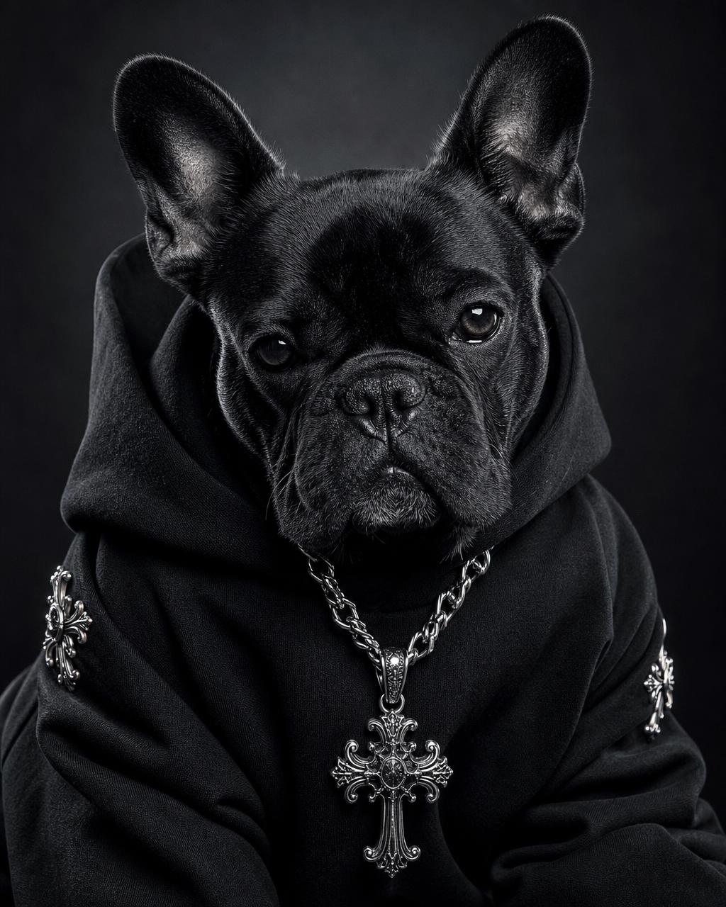 Black French bulldog in a cross-embroidered hoodie and silver cross chain