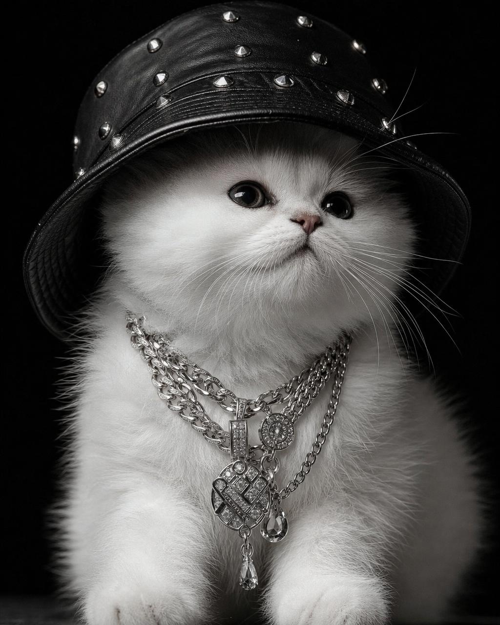 Kitten in a cross-studded bucket hat with layered silver chains