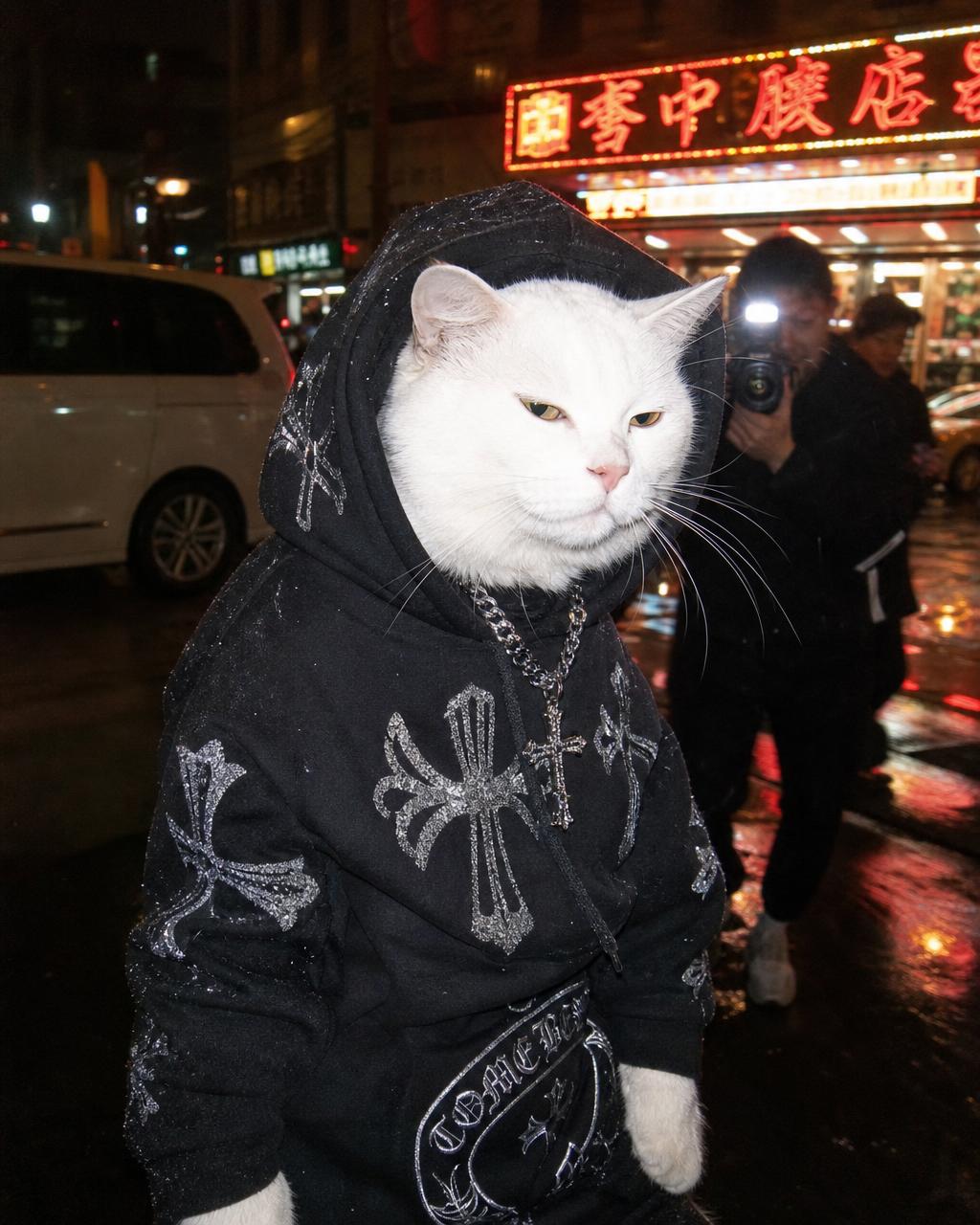 White cat in a cross-embroidered hoodie on a neon night street